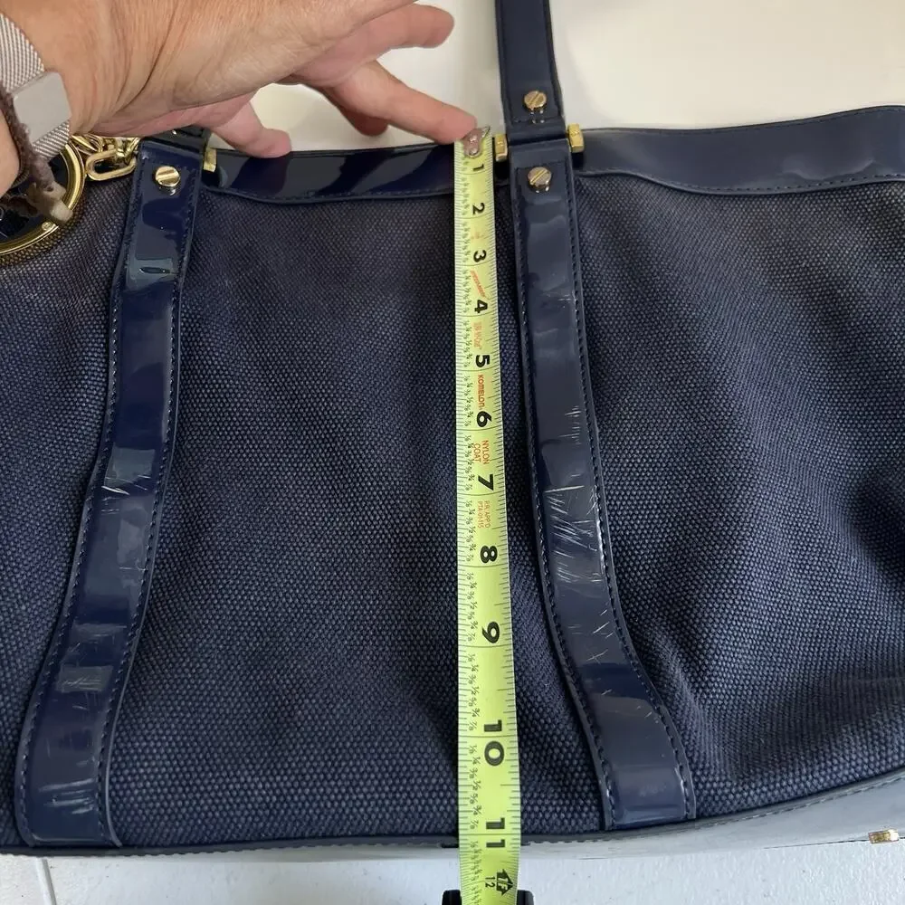 Tory Burch Canvas Jane Tote Shoulder Bag Beach Navy Blue Double Straps Travel